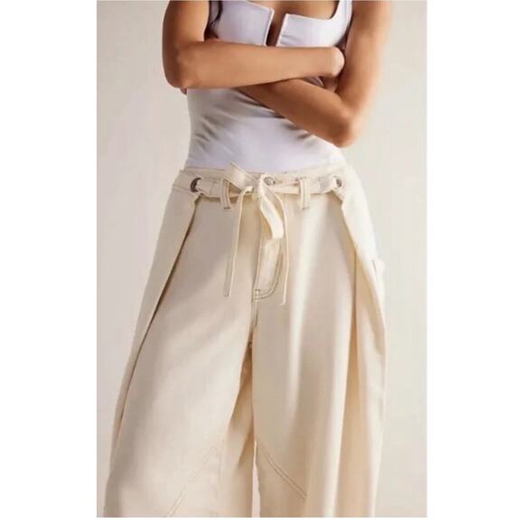 Free People We The Free Ivory Women Dunes Wide-Leg Tie Slouchy Jeans Pants Sz 26 - Picture 11 of 16